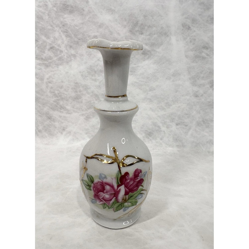 Vintage Chase Japan Porcelain Bud Vase Rose Floral Gold Gilt 6.65" Tall Feminine